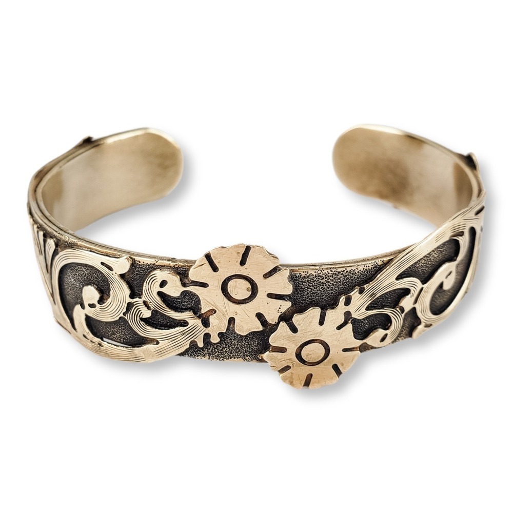 Vintage Mixed Metal Floral Scroll Cuff‎ Bracelet Bronze Brass Tone Boho Bangle